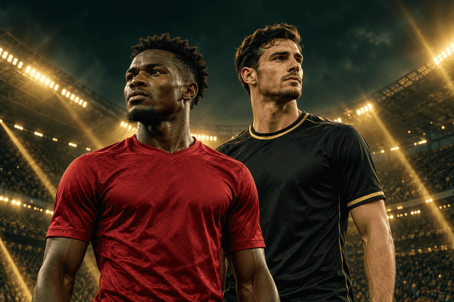 Illustration of two fictional football players under stadium floodlights