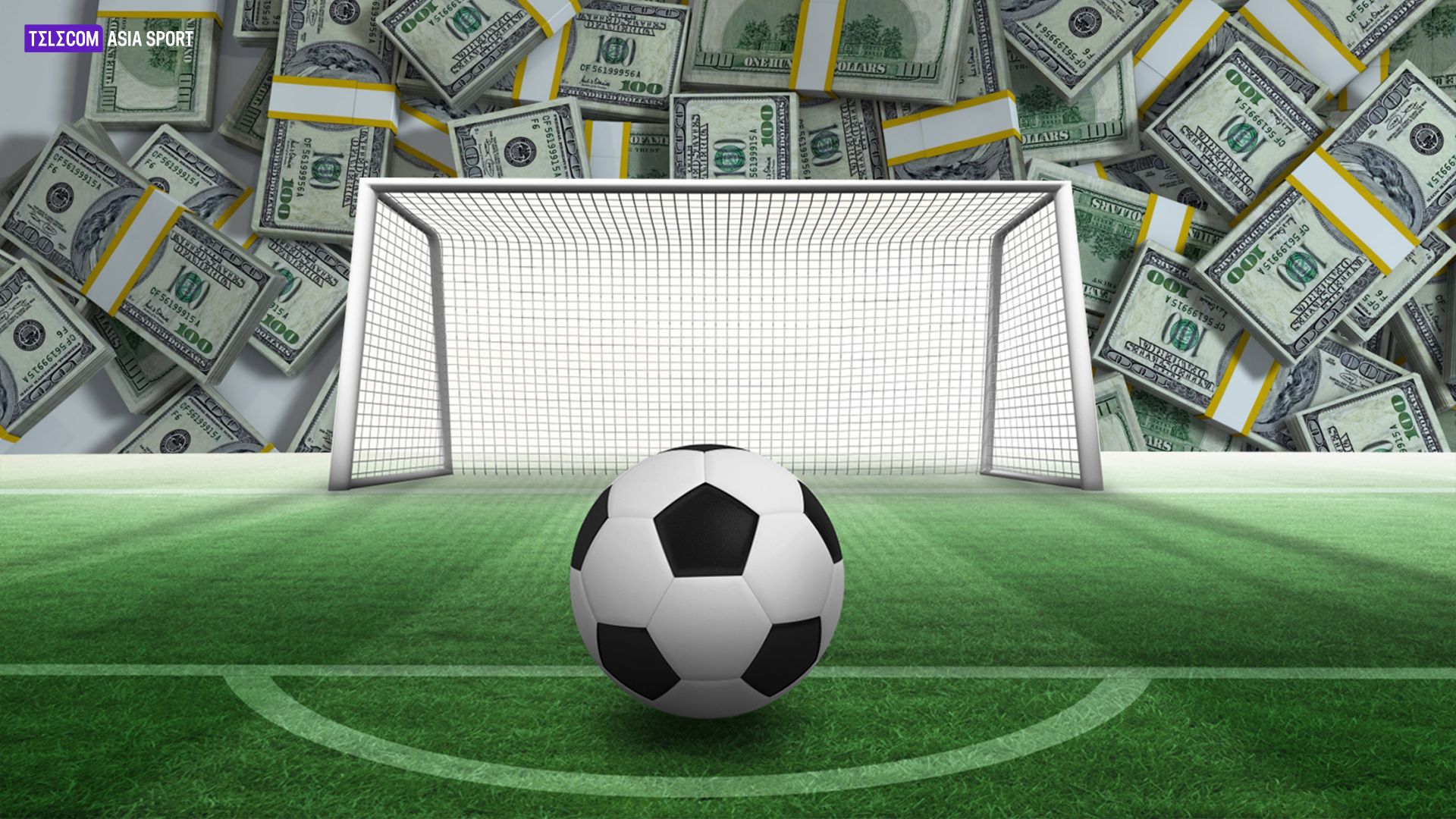 A football and a net in a field with dollars at the back