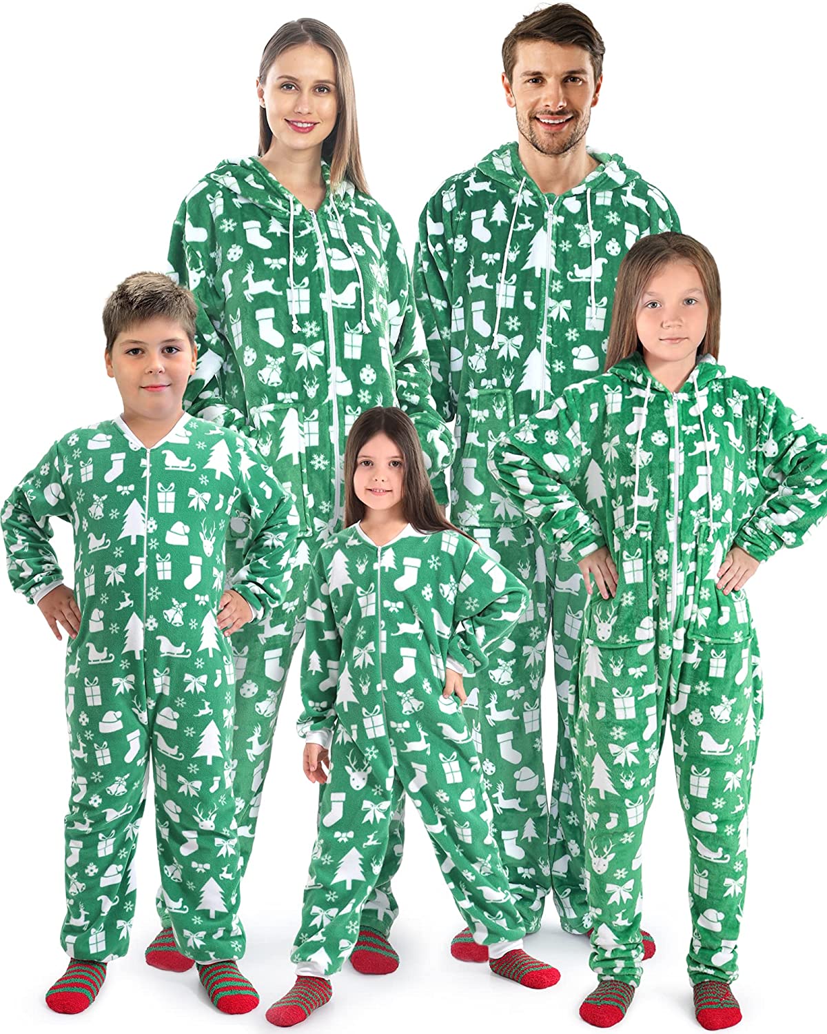 Green Matching Christmas Pajamas Set Sleepwear Soft Fleece Reindeer Printed Onesie For Kids and Adults