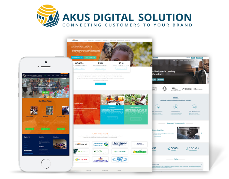 Akus Digital Solution webpage on screen of a smartphone and how it looks like on PC/laptop monitor