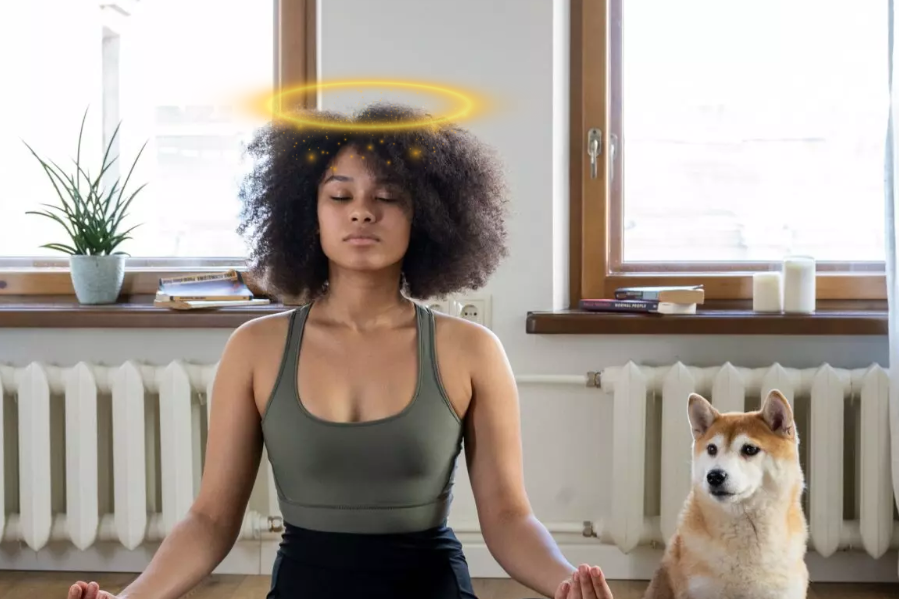 A halo-ed woman meditates on the floor with her dog
