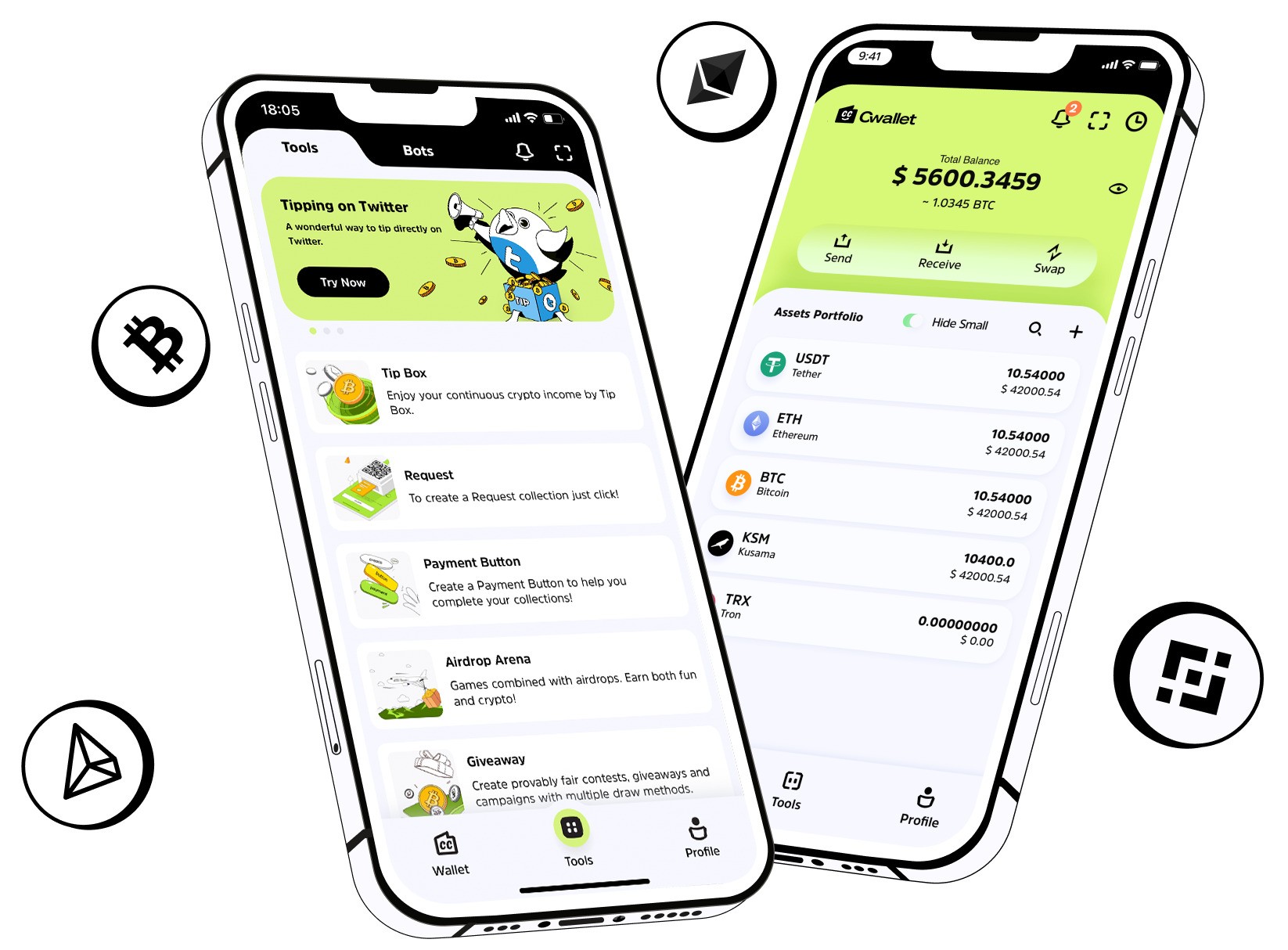 Two smartphones showing Cwallet app interface on a neutral background.